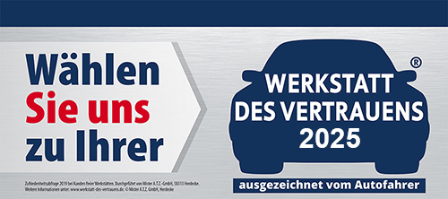 Logo der Auszeichnung Werkstatt des Vertrauens 2024 - Zufriedenheitsabfrage 2024 bei Kunden Freier Werkstätten, durchgeführt von Mister A.T.Z.-Marketing, www.werkstatt-des-vertrauens.de